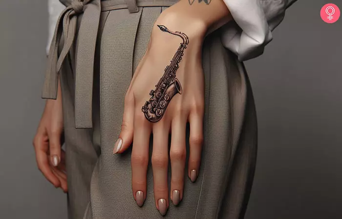 A woman with an alto saxophone tattoo on her hand
