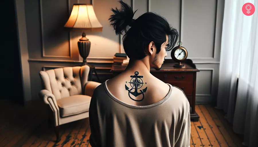 A woman with an anchor and compass tattoo on the upper back