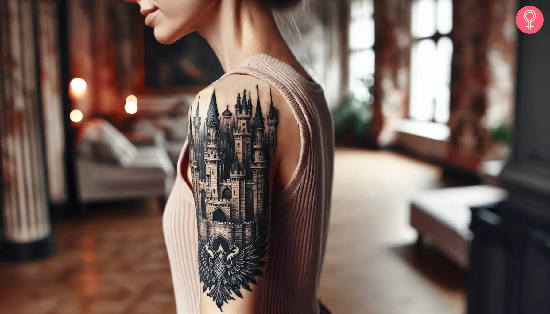 A woman with a black castle tattoo on her upper arm