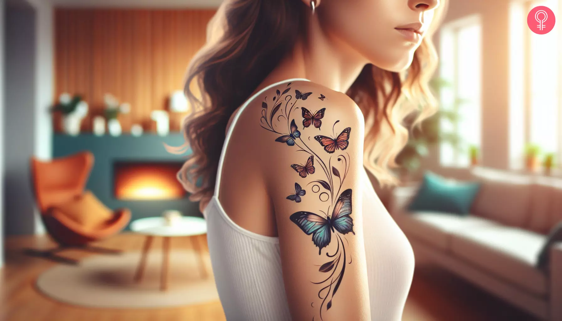 A woman with flying butterflies freedom tattoo on her arm