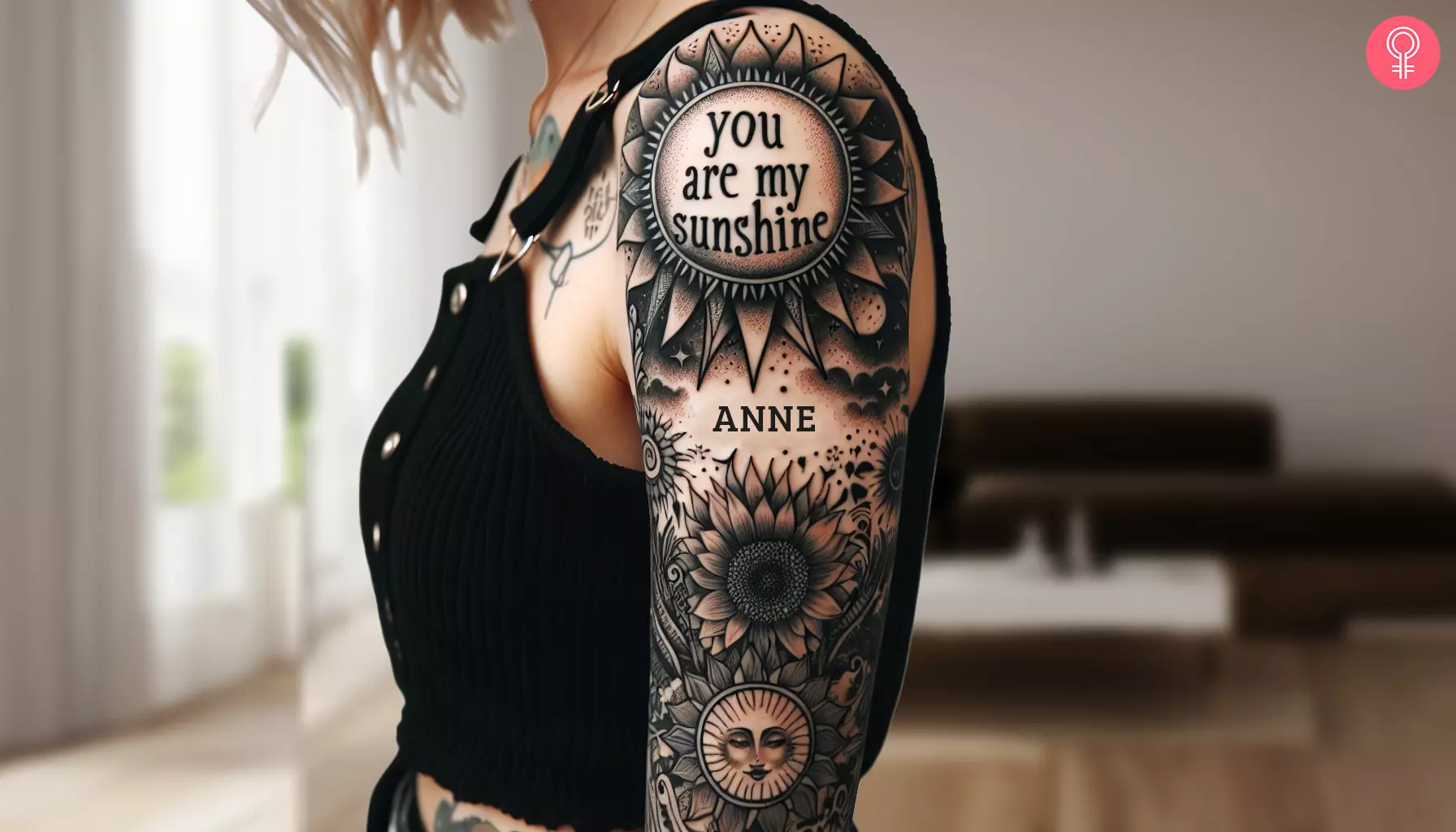 A ‘you are my sunshine’ tattoo on a woman’s upper arm