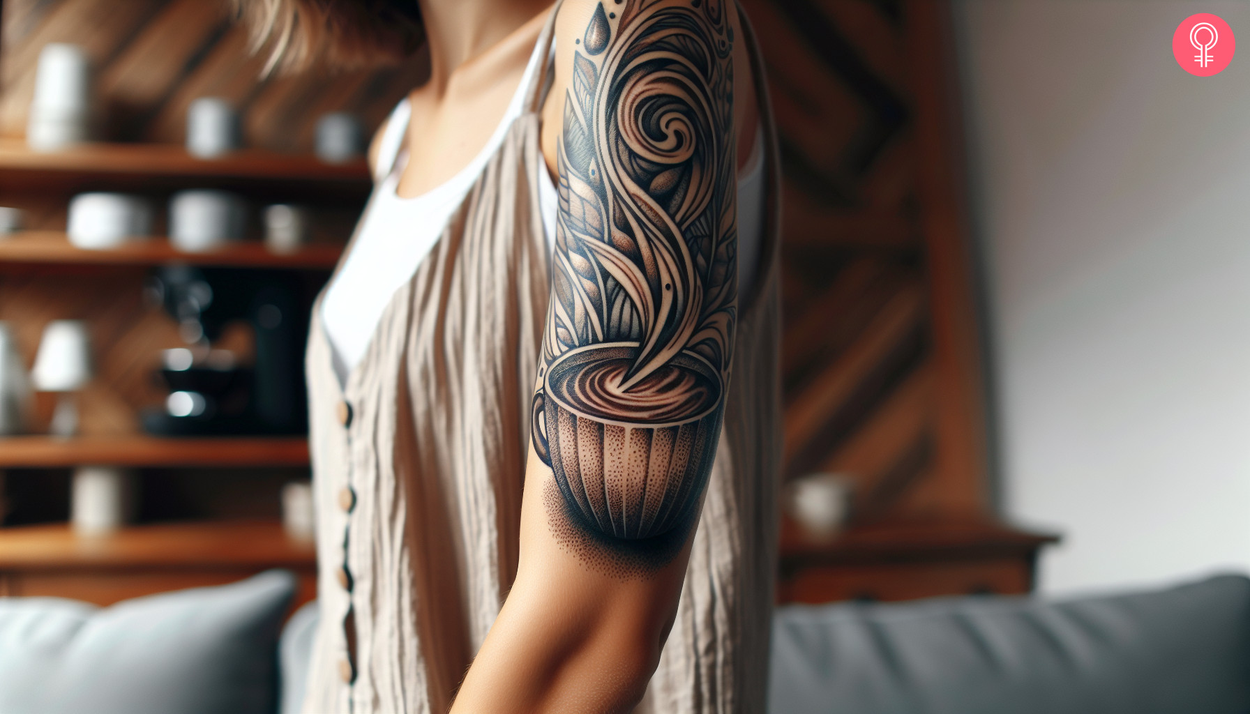 Abstract coffee cup tattoo on the arm of a woman