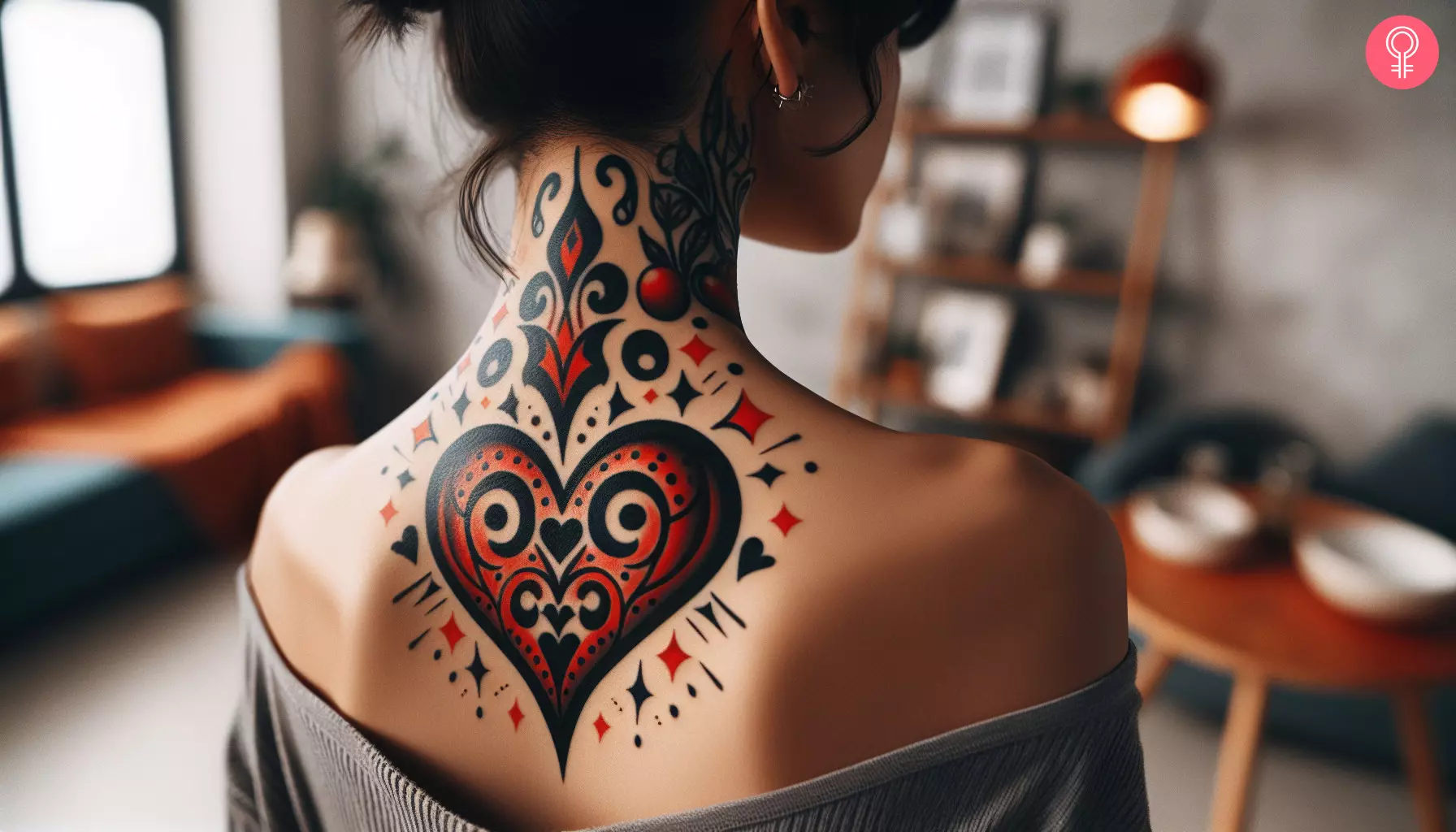 Abstract heart tattoo on the back of a woman