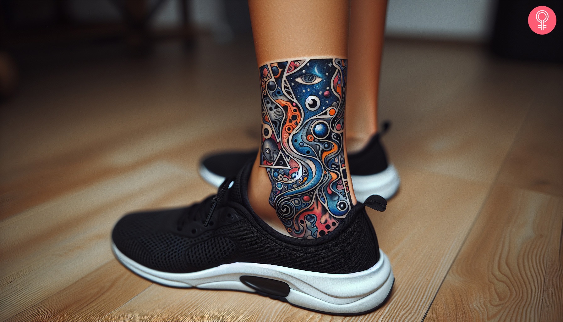  Woman with abstract surrealism tattoo on her ankle