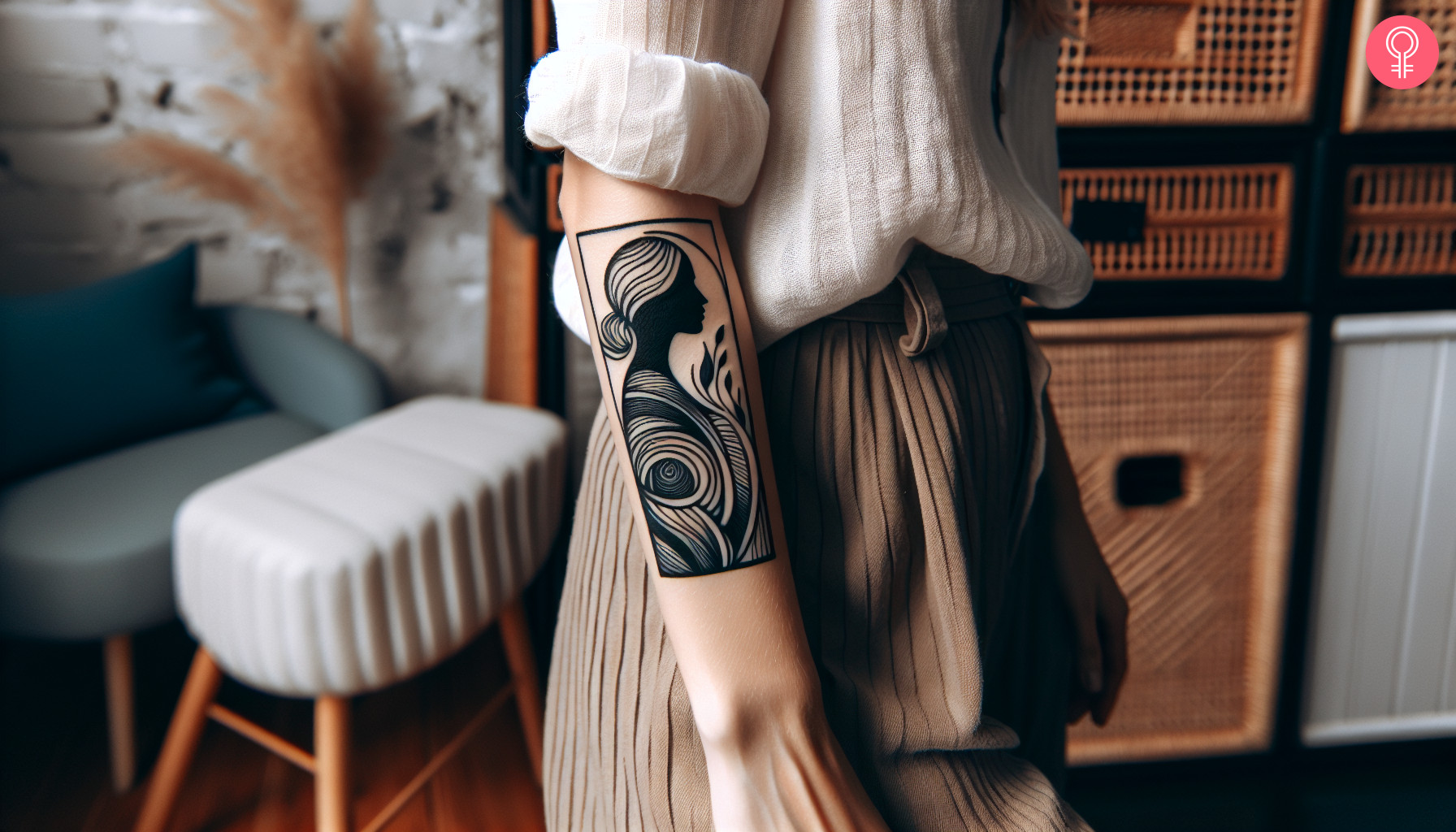 abstract woman silhouette tattoo on the arm of a woman
