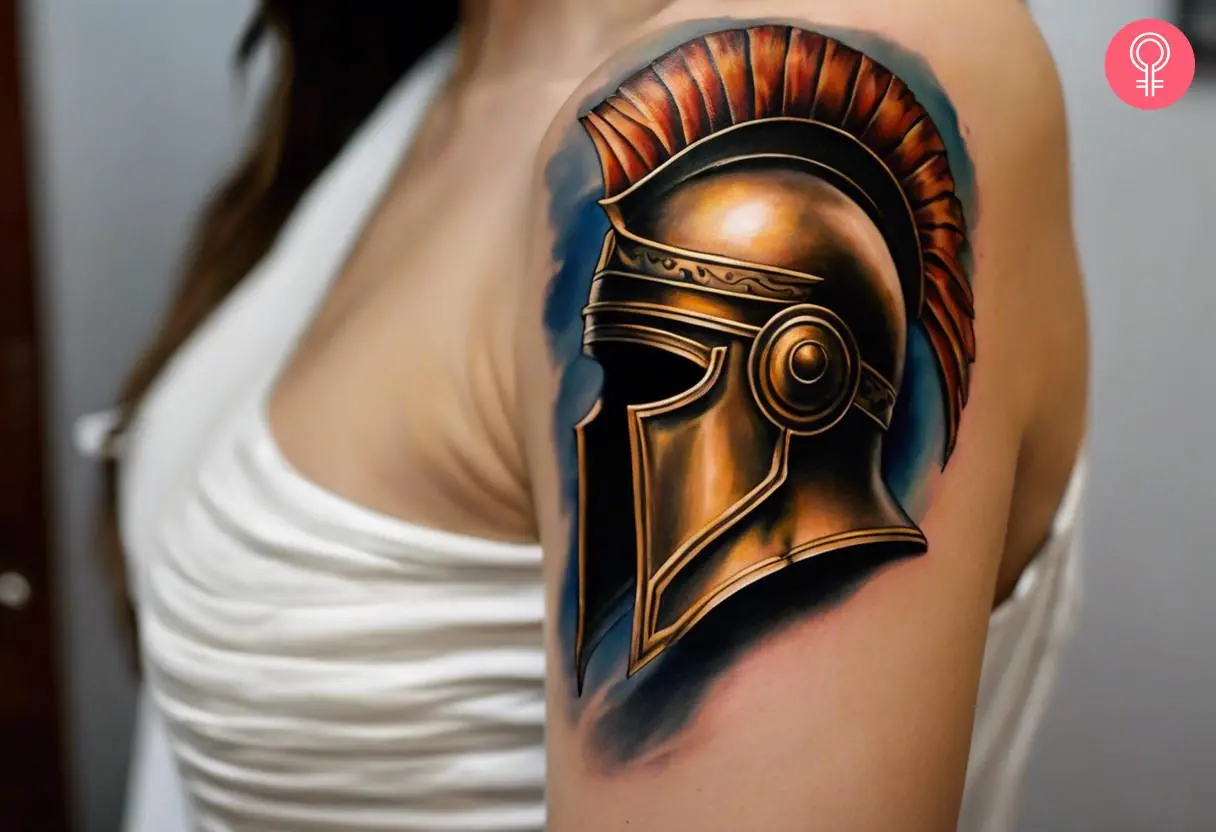 Achilles helmet tattoo on the upper arm