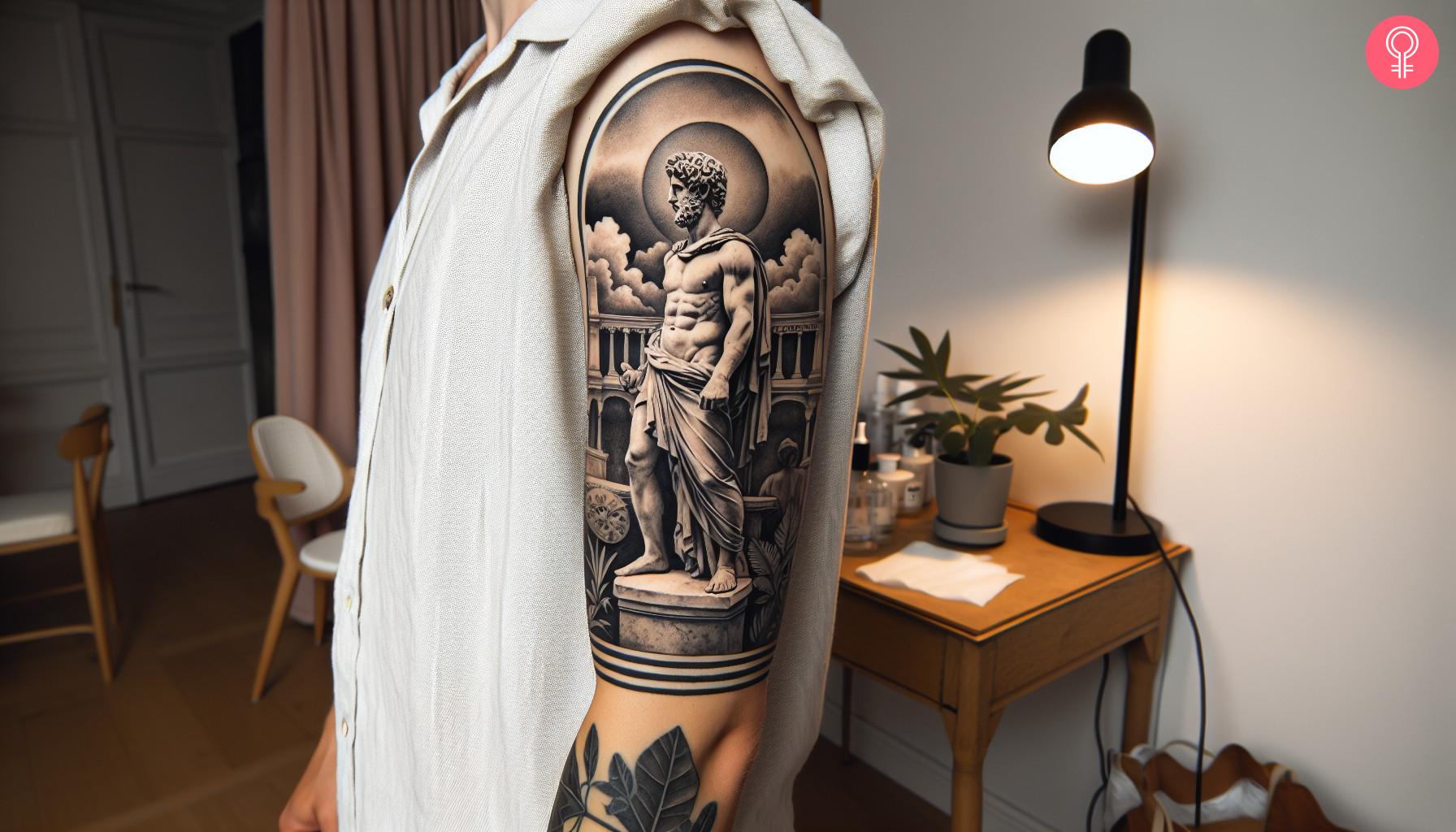 Achilles statue tattoo on the upper arm