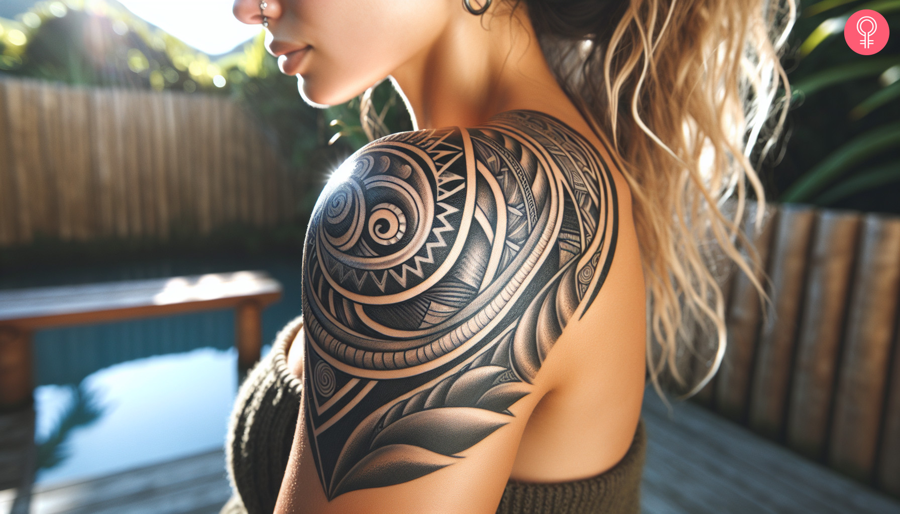 Aesthetic gray ink maori tattoo on the shoulder of a woman