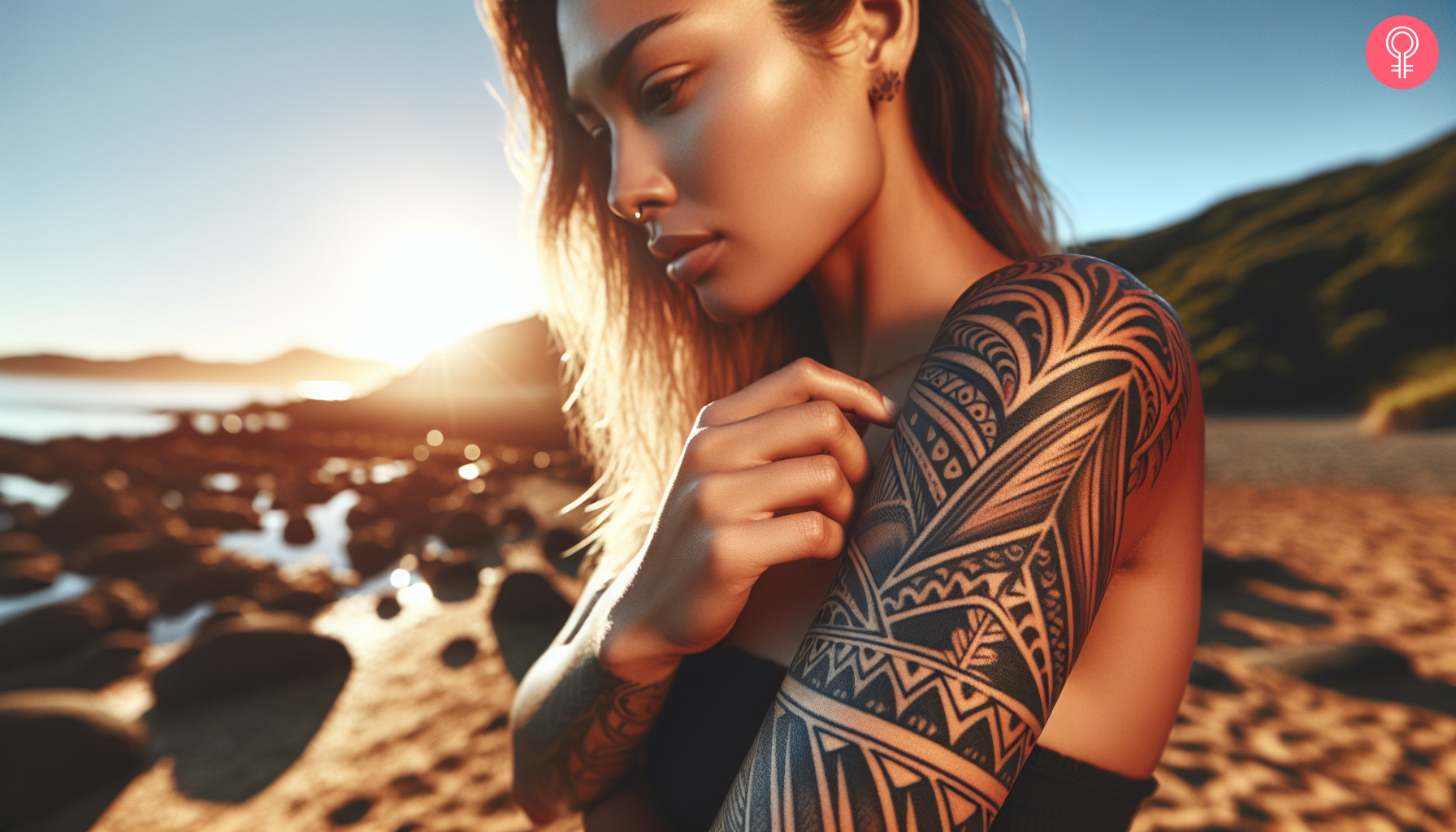 Aesthetic maori tattoo on the upper arm of a woman