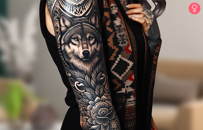 Eine Frau mit einem Tattoo eines Wolfes im Wald 