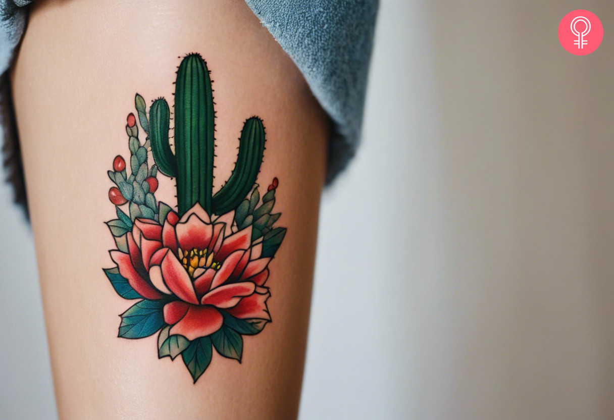 American traditional cactus tattoo on the thigh