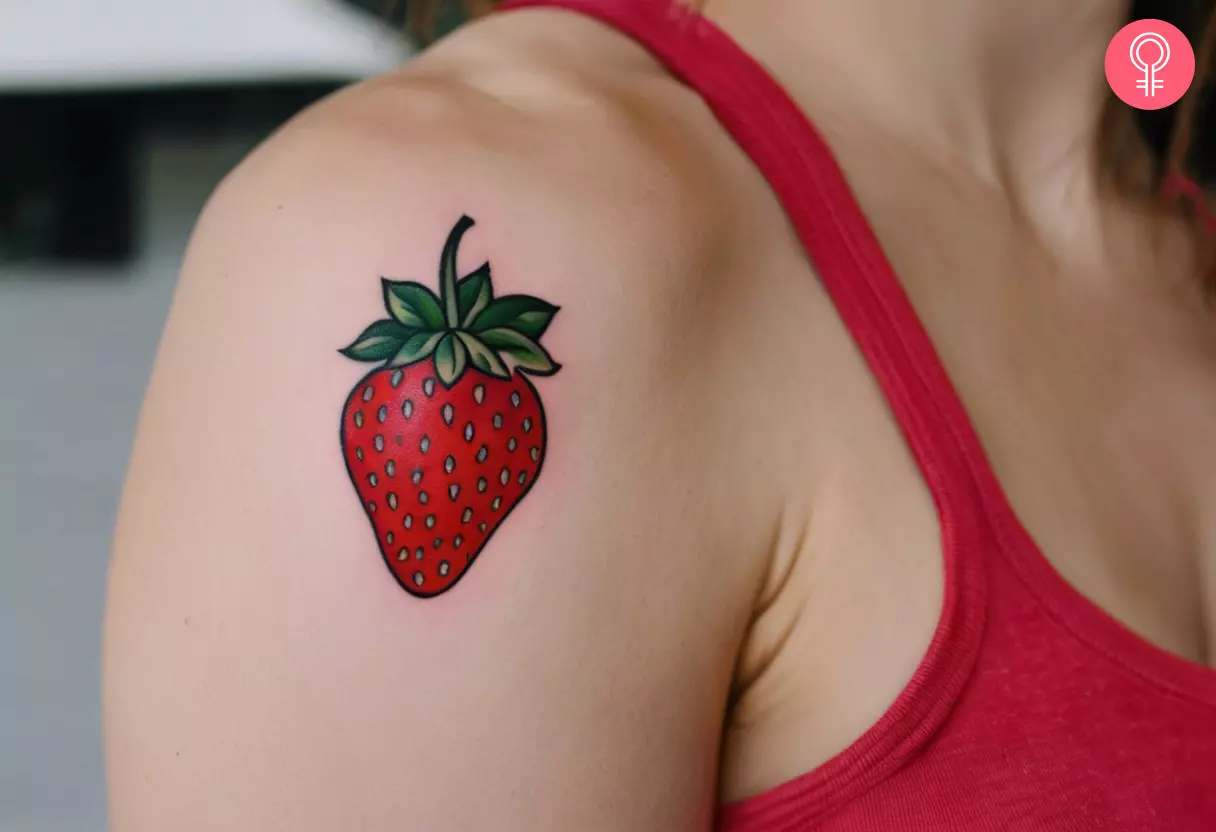 American traditional strawberry tattoo on the shoulder