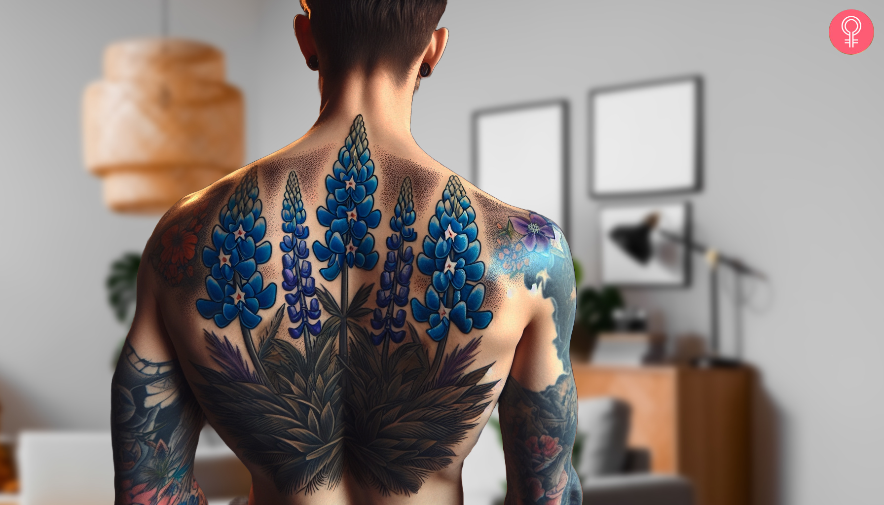 American traditional bluebonnet tattoo on the back of a man