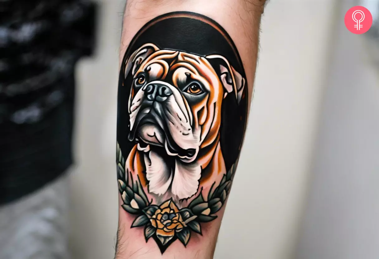 American traditional bulldog tattoo on the forearm of a man