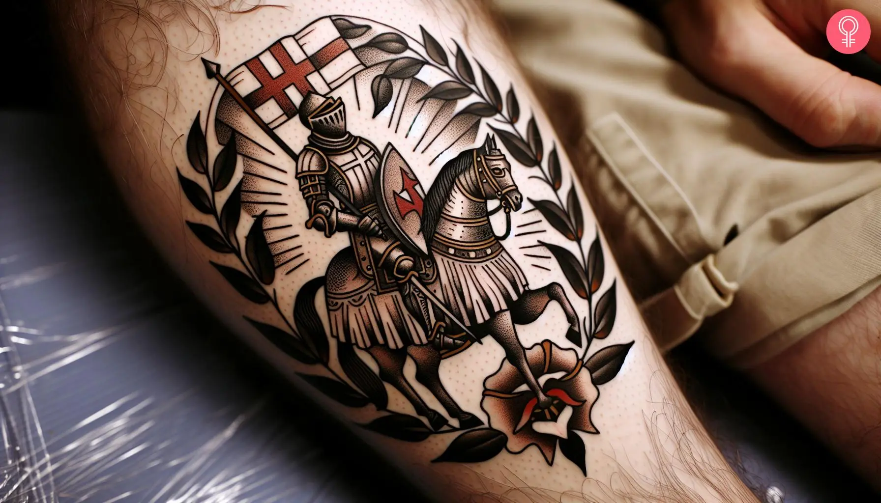 An American traditional knight tattoo on a man’s calf