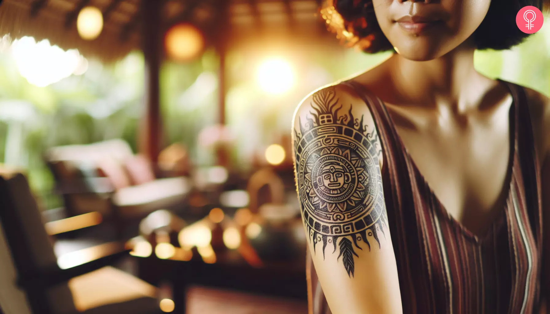 An Aztec pattern tattoo on a woman’s upper arm