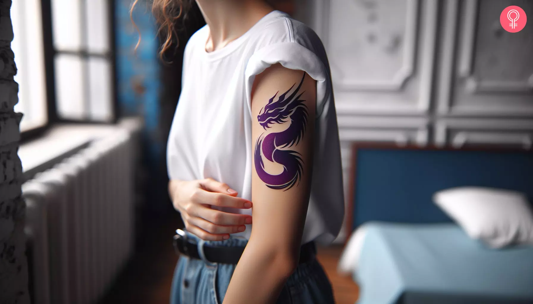 An abstract purple dragon tattoo on the upper arm