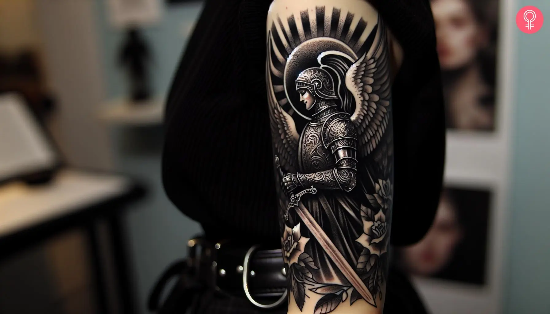 An angel knight tattoo on a woman’s arm