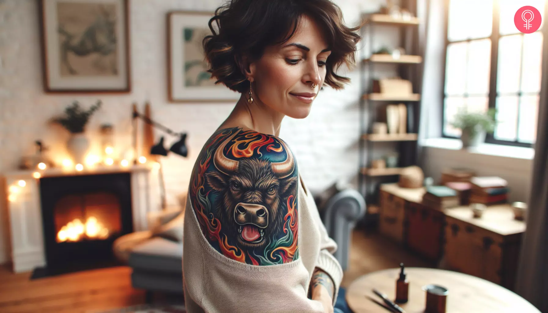 An angry bull tattoo on a woman’s shoulder