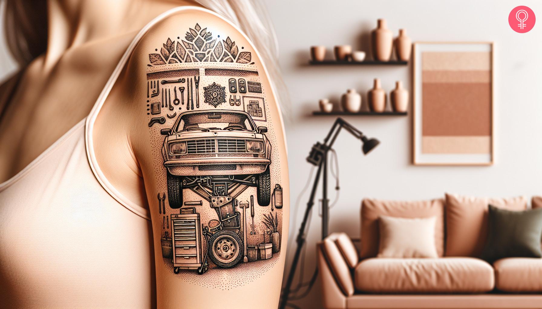 An car mechanic tattoo on the upper arm of a woman