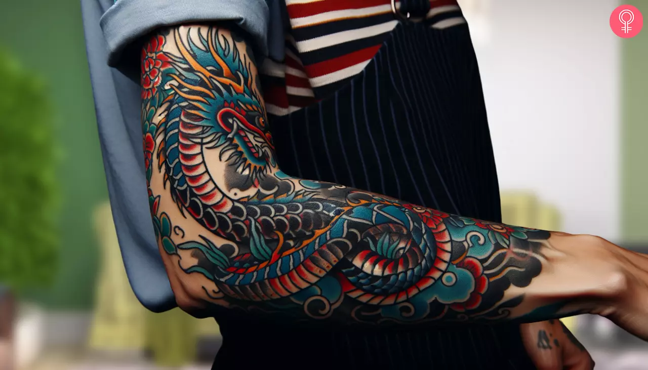 An elaborate dragon tattoo covering the arm of a man