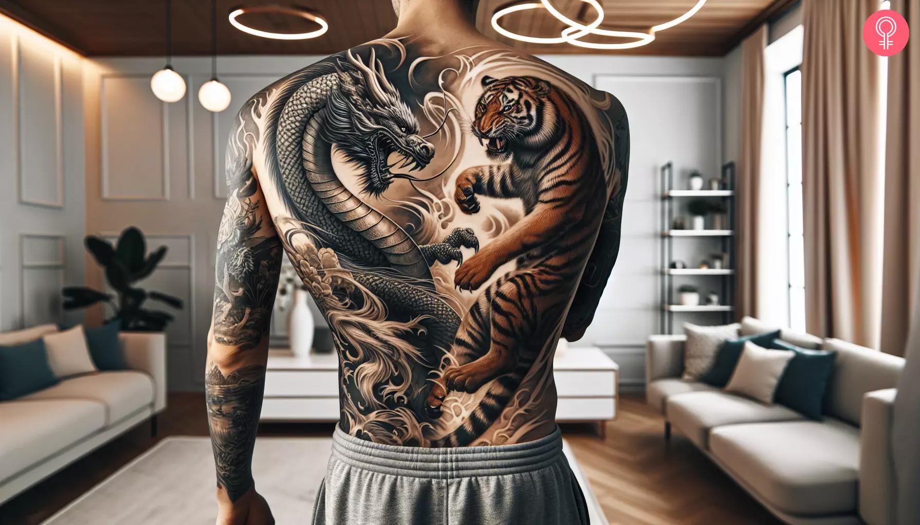 An elaborate tattoo of a dragon and a tiger on the back of a man