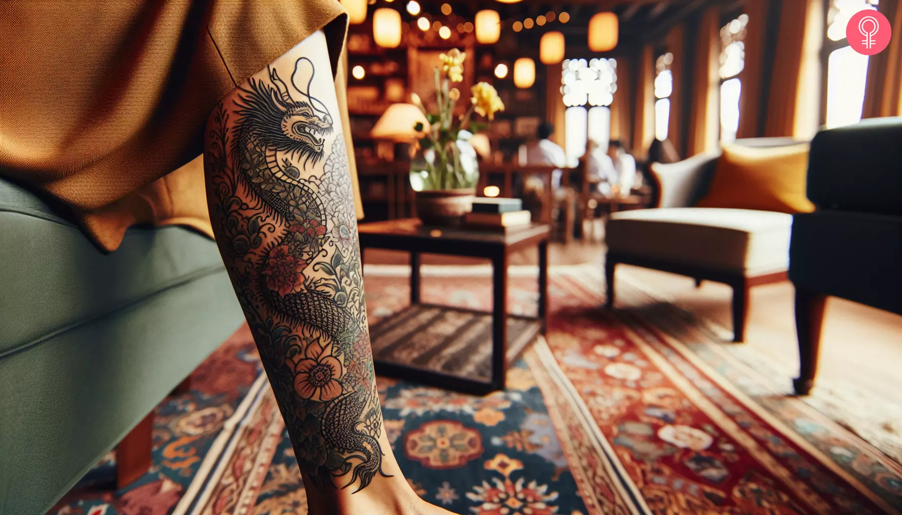 An intricate and detailed feminine dragon tattoo on the calf of a woman