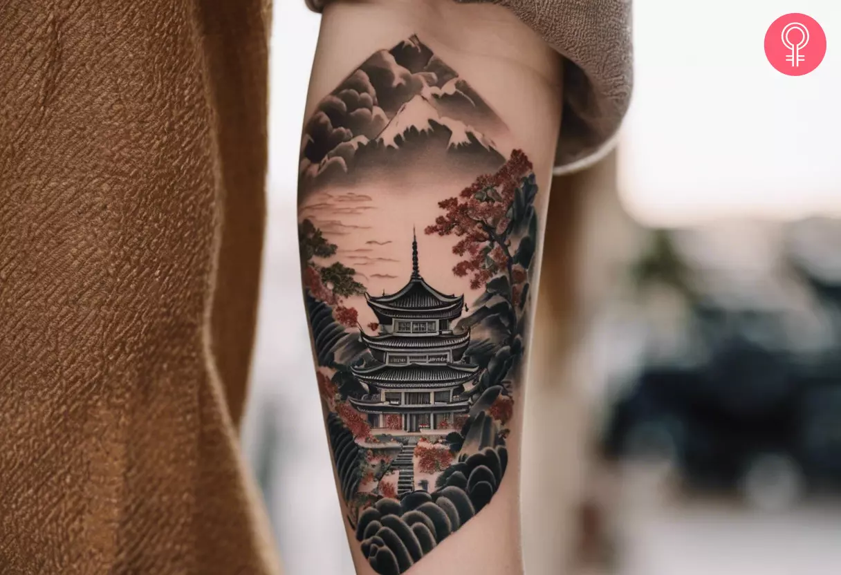 An oriental temple tattoo on the forearm