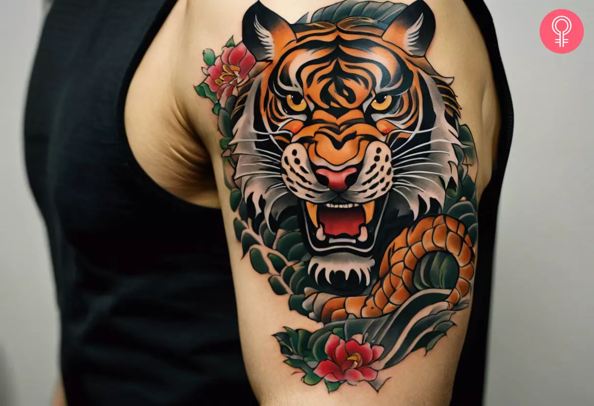 An oriental tiger tattoo on the upper arm