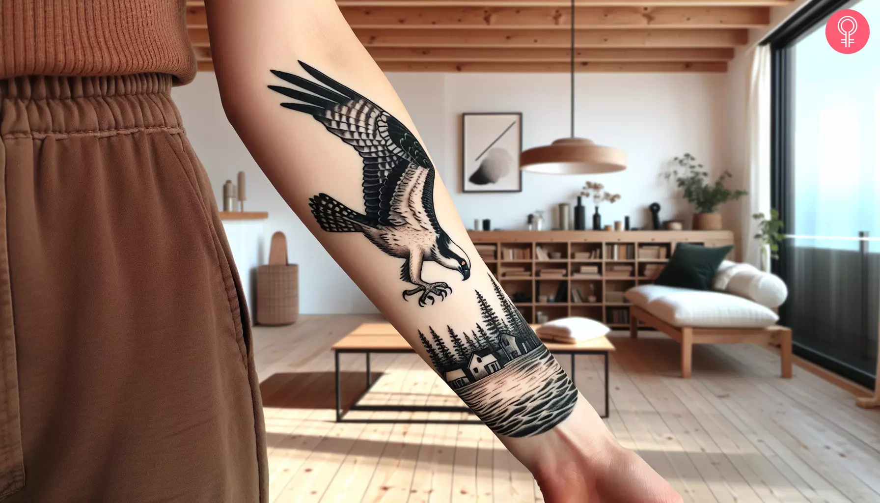 An osprey diving tattoo on the forearm