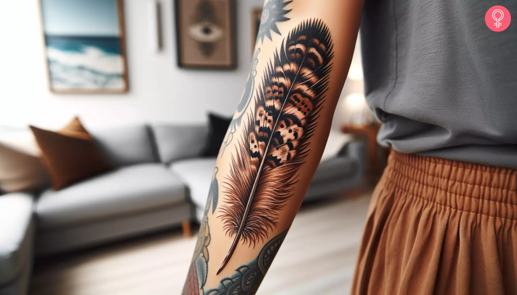 An osprey feather tattoo on the forearm