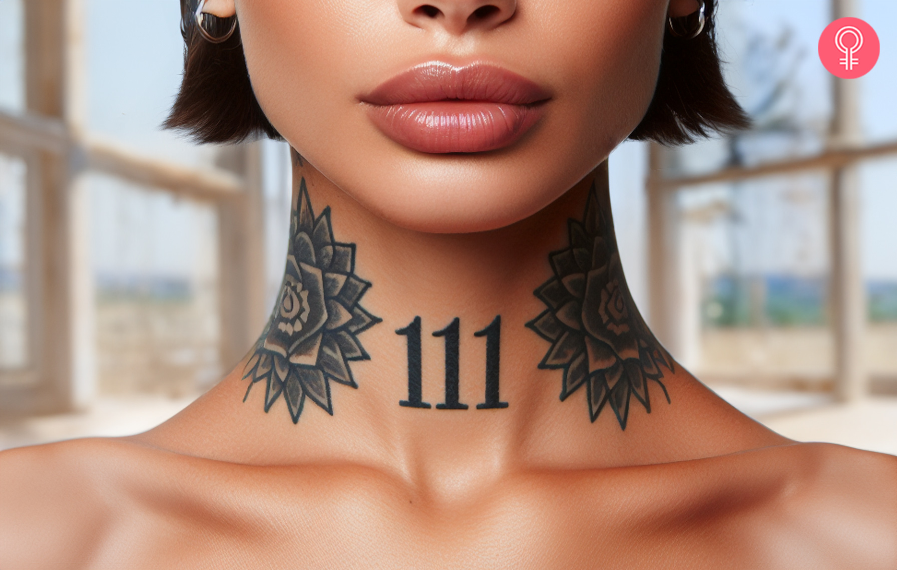 Angel number tattoo on the neck of a woman
