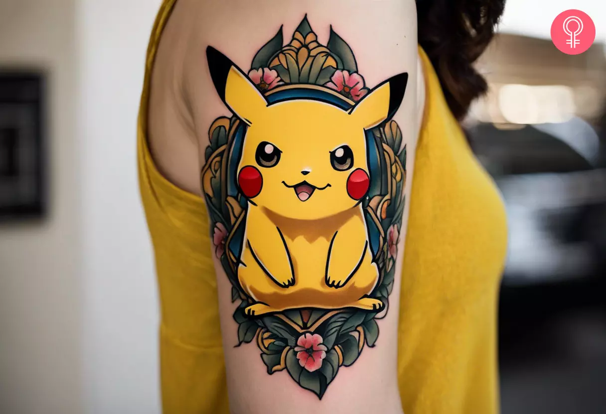 A woman with an angry-faced Pikachu tattoo on her upper arm