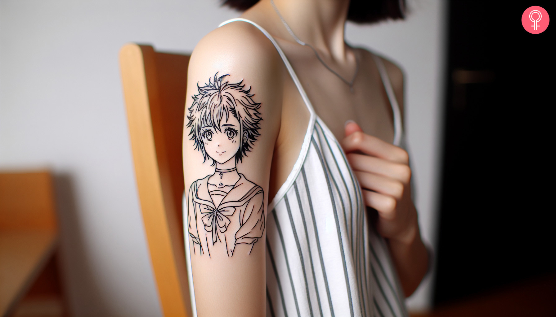 Anime outline tattoo on a woman’s upper arm