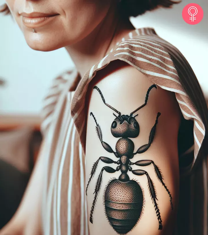 Ant tattoo on a woman’s upper arm