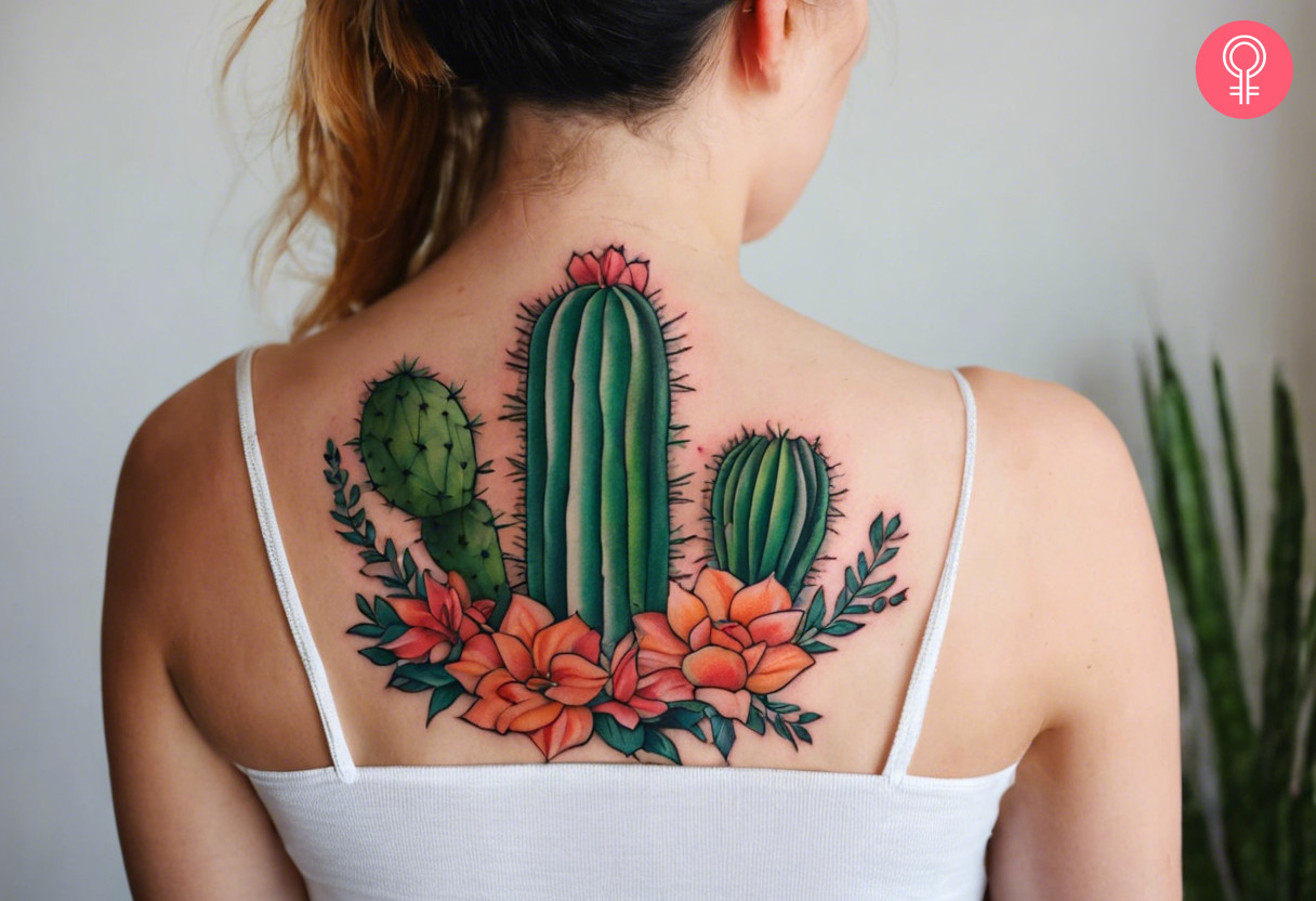 An Arizona cactus tattoo on the upper back