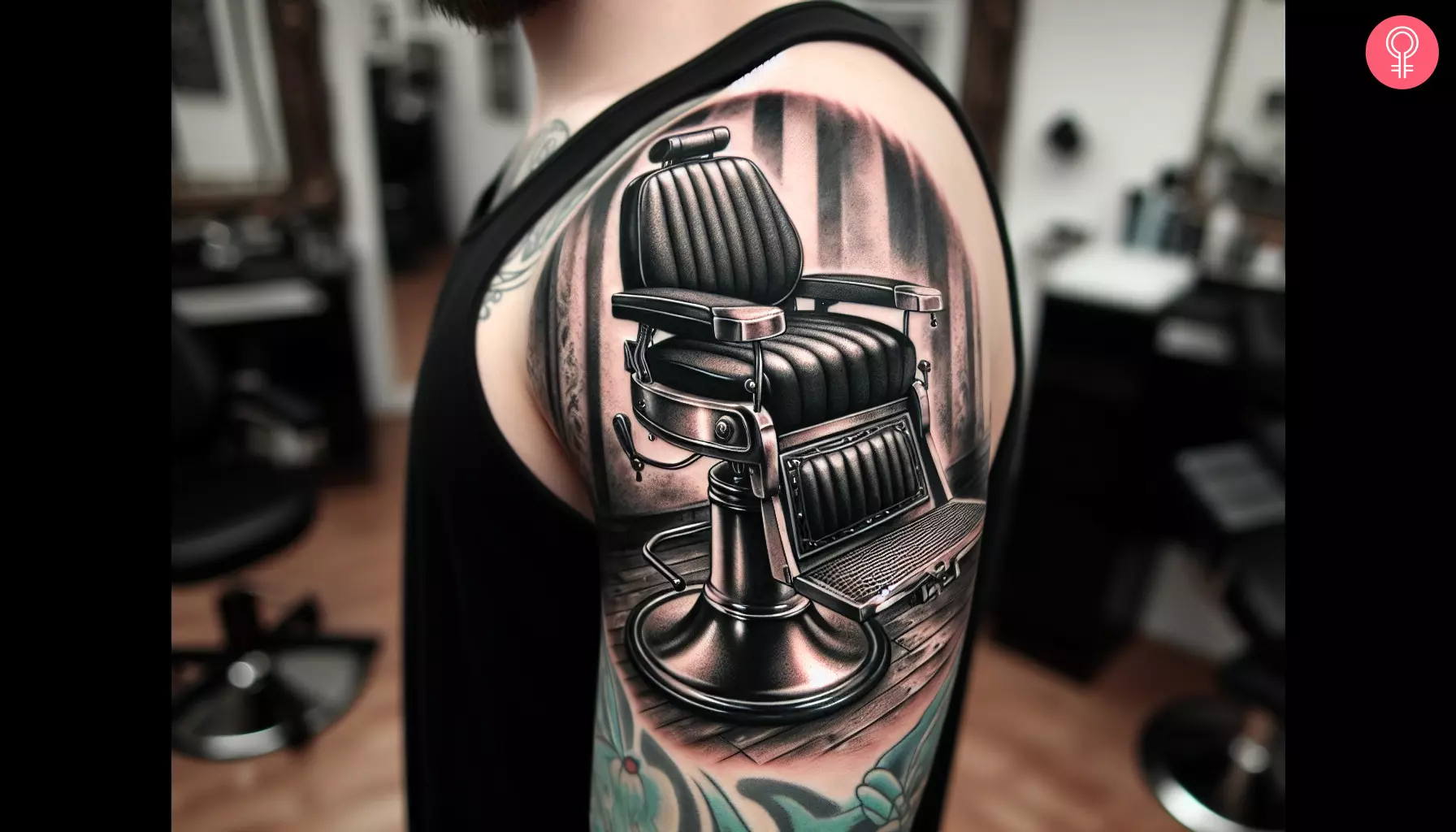 A barber chair tattoo on the upper arm