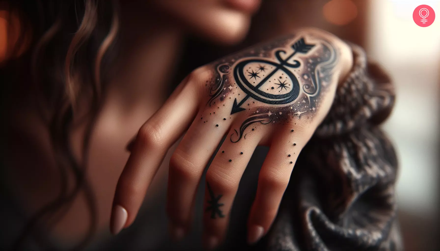Arrow symbol Sagittarius tattoo on the hand of a woman