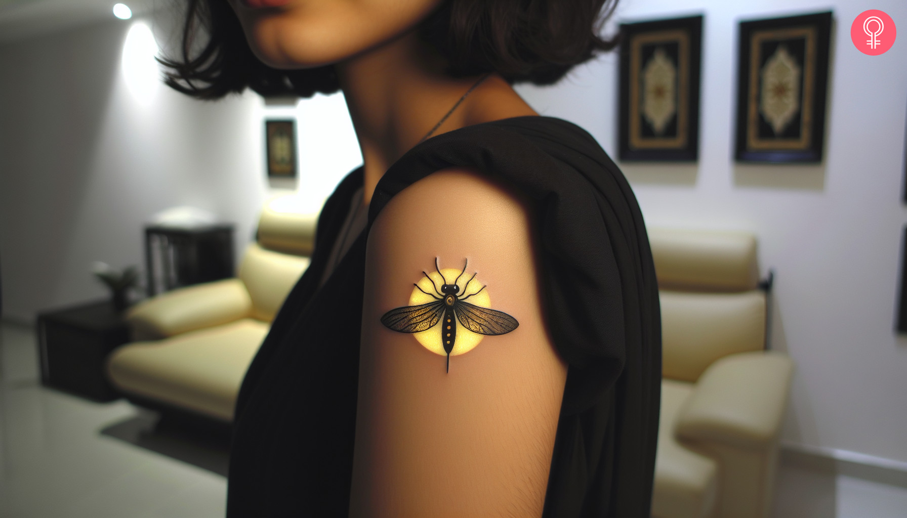 Woman with baby firefly tattoo on the upper arm