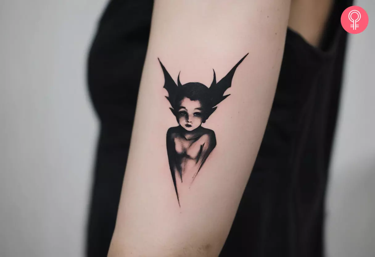 Baby demon tattoo on the upper arm