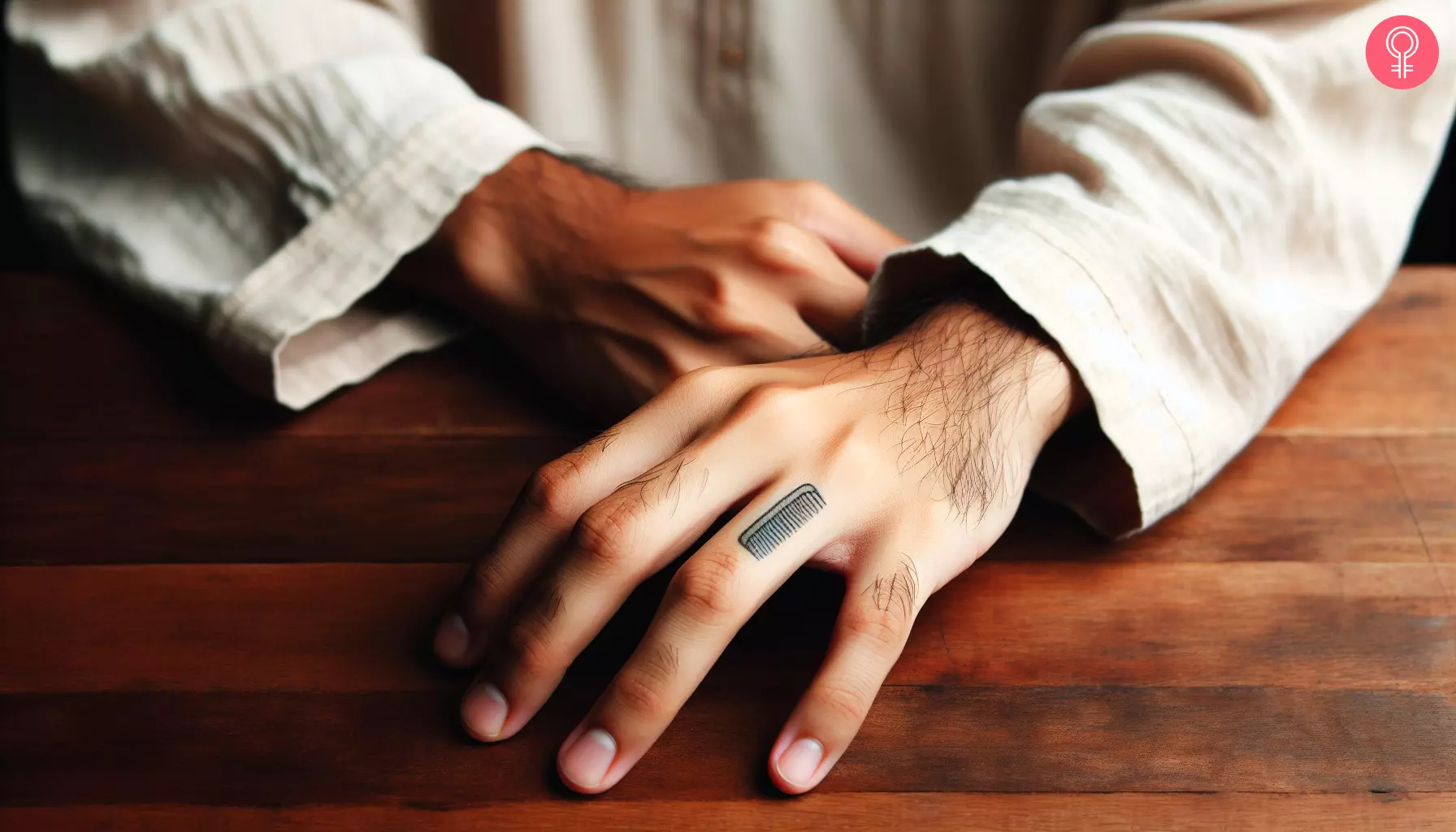 A tiny comb tattoo in black ink on the finger