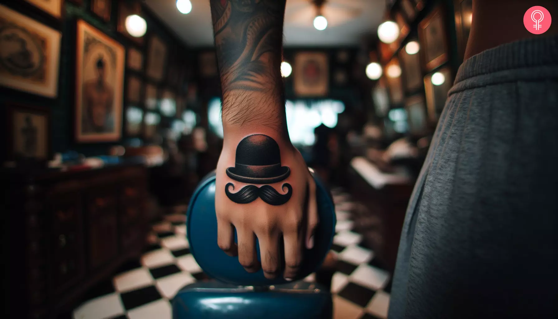 A barber hat and mustache tattoo on the back of the hand