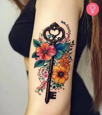 Woman with a floral tattoo sleeve on her arm