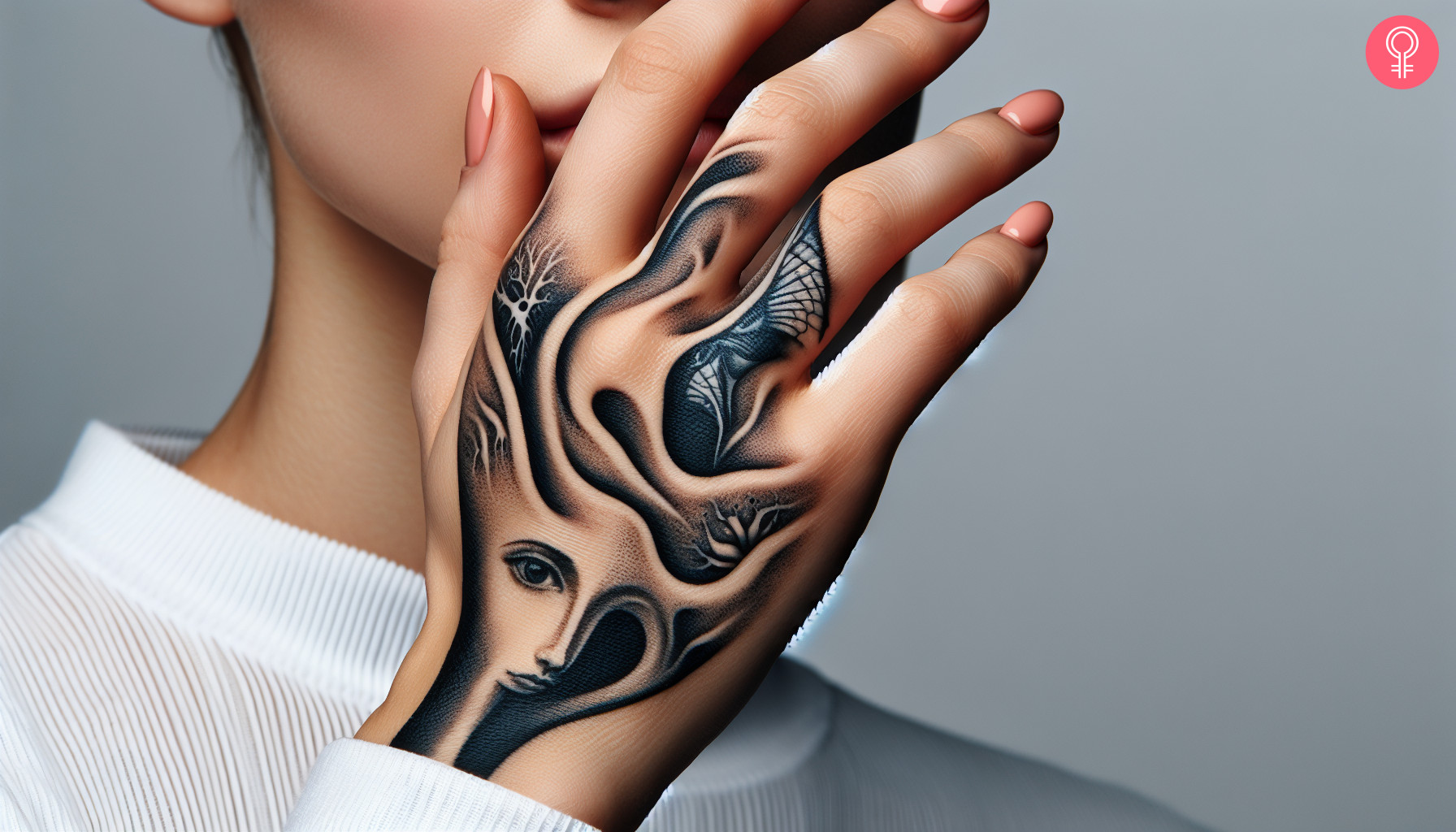 Woman with black and gray surrealism tattoo on her hand