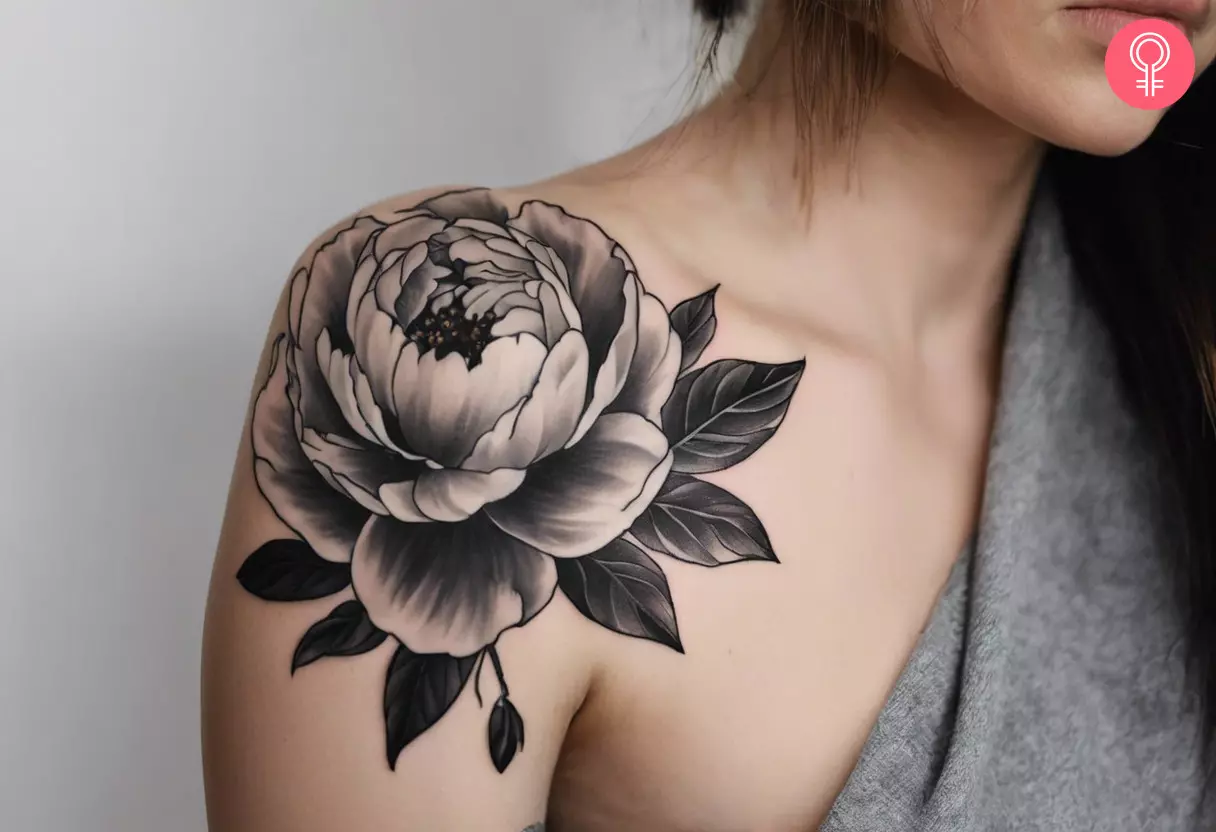 Black and white flower tattoo on a woman's arm