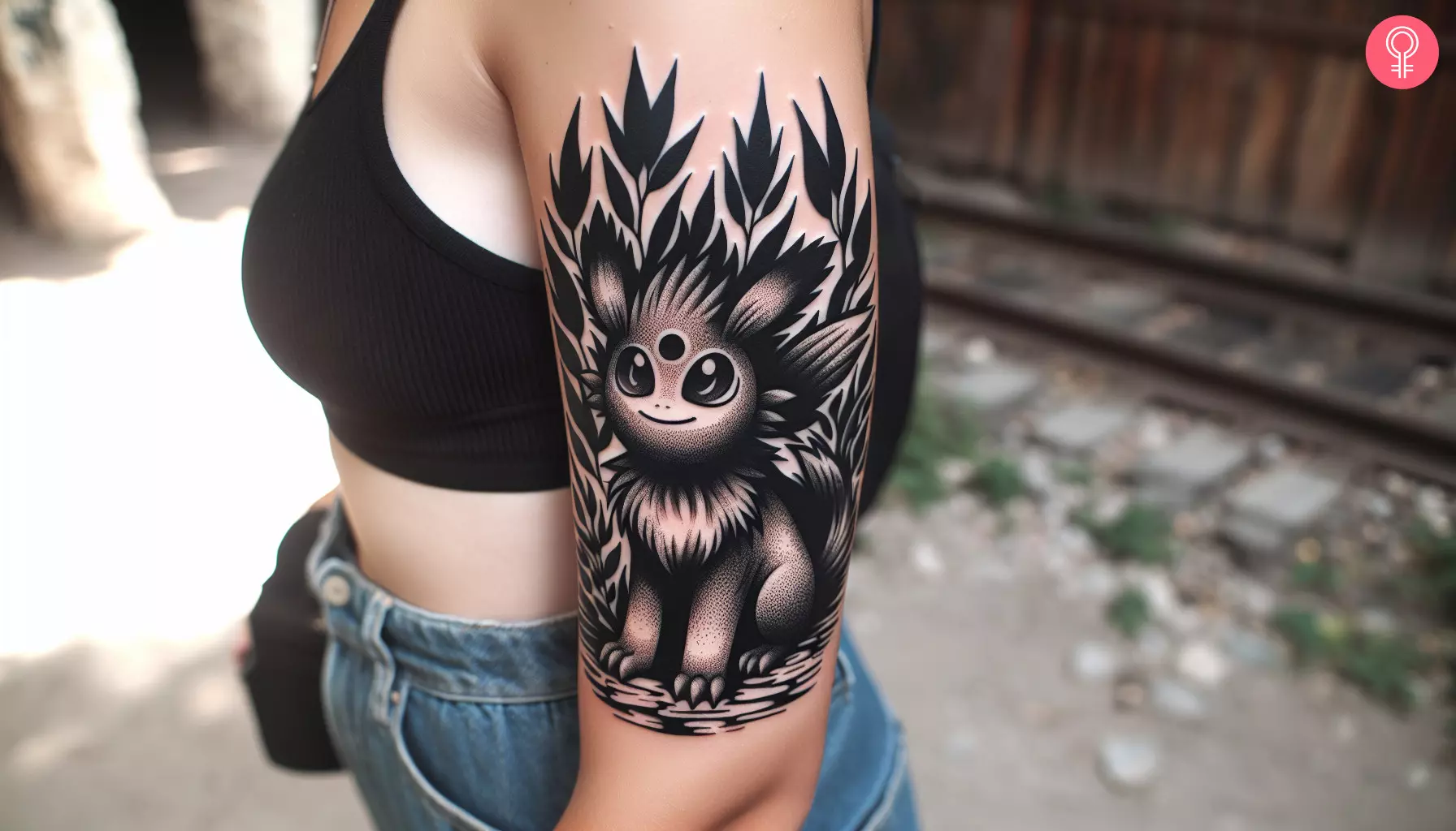 A woman with a black and white pokemon tattoo on her arm