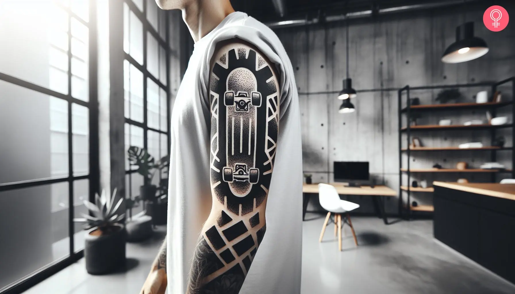 A black and white skateboard tattoo on the upper arm