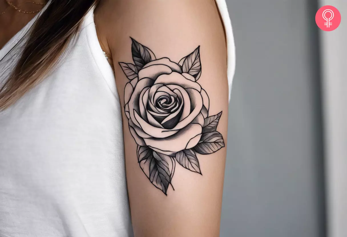 A woman with a black and white rose tattoo on her upper arm