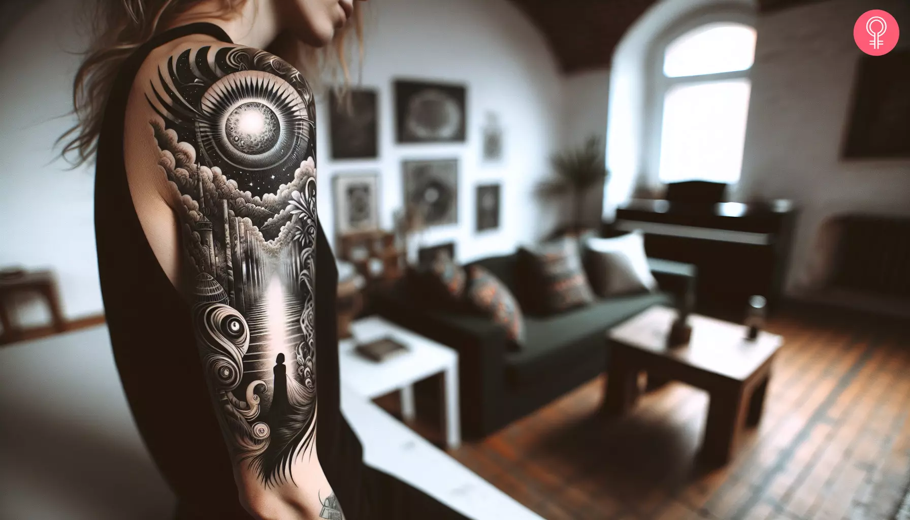 A woman with a black and white trippy tattoo on her upper arm