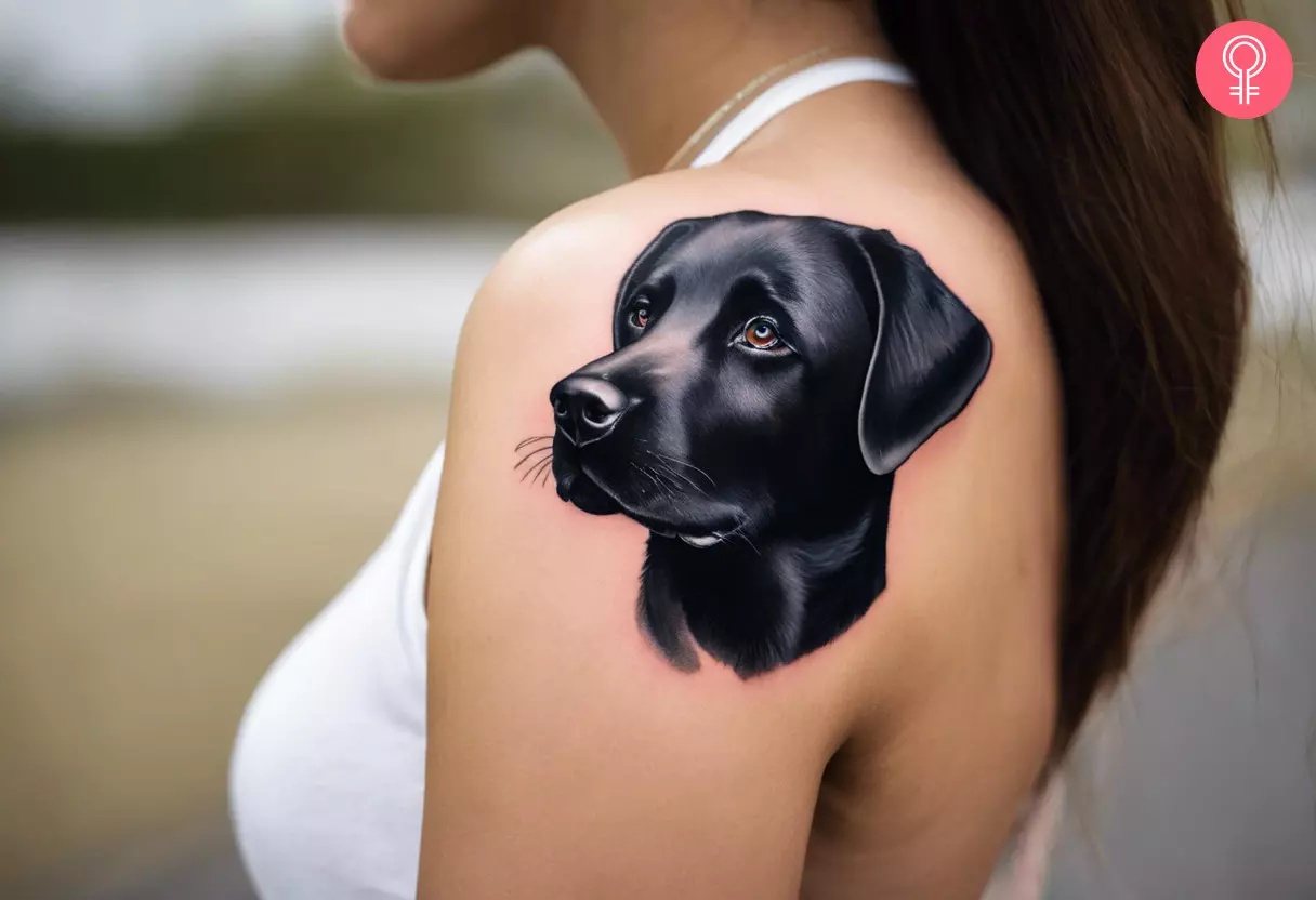 Woman showing off her black Labrador tattoo on the back shoulder